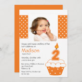 Oranje Cupcake Foto 2e verjaardag Uitnodiging (Voorkant / Achterkant)