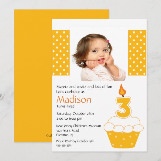 Oranje Cupcake Foto 3rd Birthday Invitation Kaart (Voorkant / Achterkant)