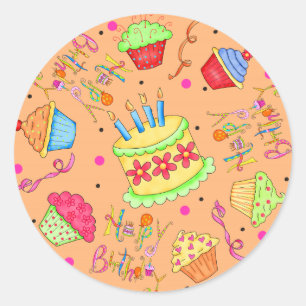 Oranje cupcakes en Cake Happy Birthday Ronde Sticker