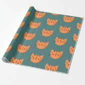 Oranje Cute Cat Green Cadeaupapier (Uitgerold)