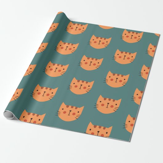 Oranje Cute Cat Green Cadeaupapier (Uitgerold)