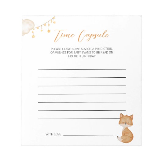 Oranje Cute Fox Baby shower Time Capsule Notitieblok (Voorkant)