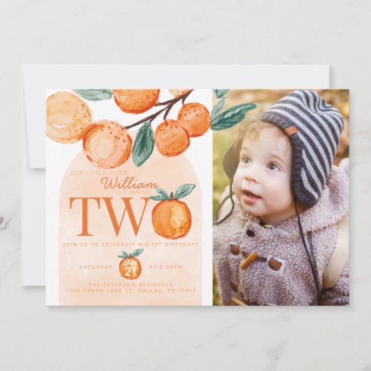 Oranje Cutie die TWEE 2e verjaardag foto van de tw Kaart (Voorkant)