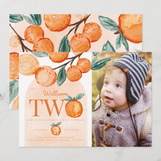 Oranje Cutie die TWEE 2e verjaardag foto van de tw Kaart (Voorkant / Achterkant)