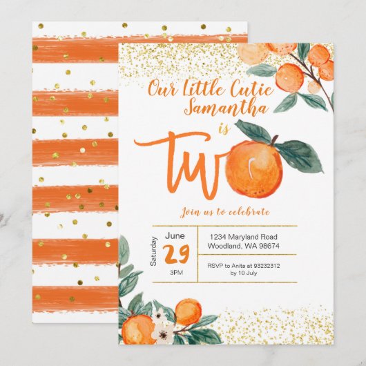 Oranje Cutie Second Birthday Gold Glitter Kaart (Voorkant / Achterkant)