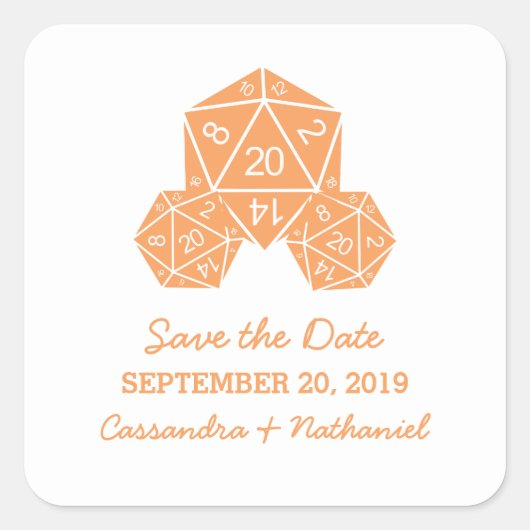 Oranje D20 Dobbelsteen Save the Date Stickers (Voorkant)
