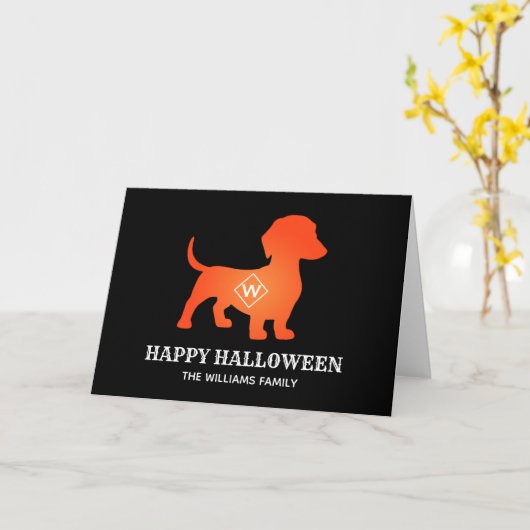Oranje Dachshund Happy Halloween familienaam Kaart (Gele Bloem)