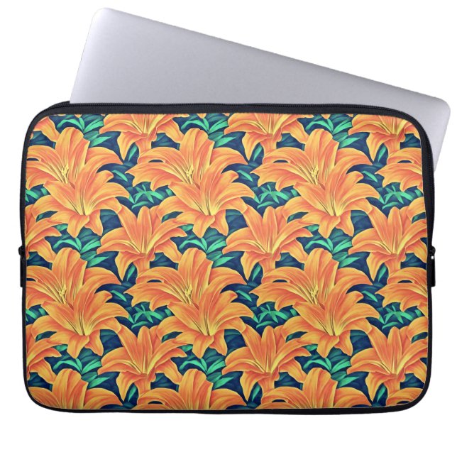Oranje Dag Lelies met Groene Bladeren Laptop Sleeve (Voorkant)