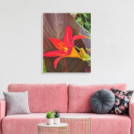 Oranje Daglelies Bloei en Plantenblad Canvas Afdruk