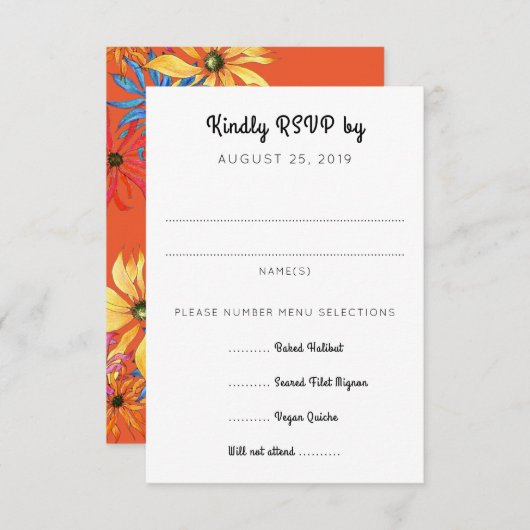 Oranje Daisy Art RSVP met Entrées Enclosure (Voorkant / Achterkant)
