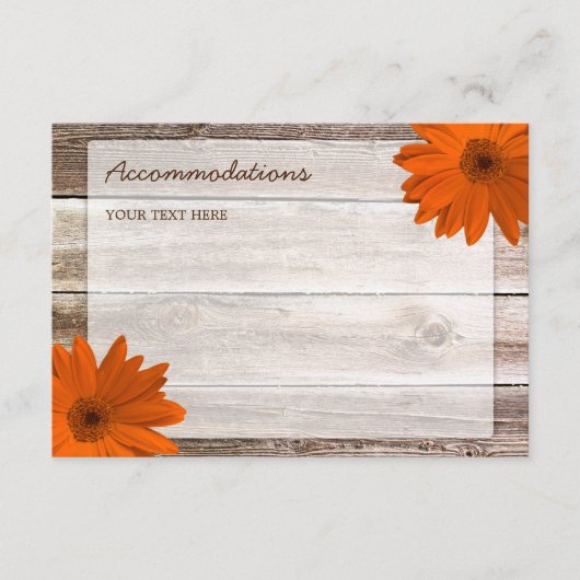 Oranje Daisy Barn Wood Wedding Accommodatie Card Informatiekaartje (Voorkant)