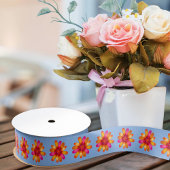 Oranje Daisy Boho Patroon Hippie Bloem Dusty Blauw Grosgrain Lint
