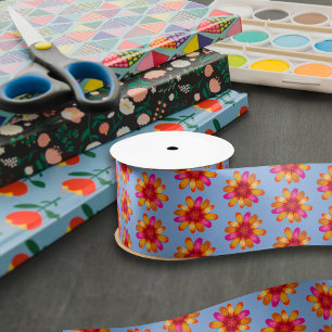 Oranje Daisy Boho Pattern Hippie Floral Dusty Blue Satijnen Lint