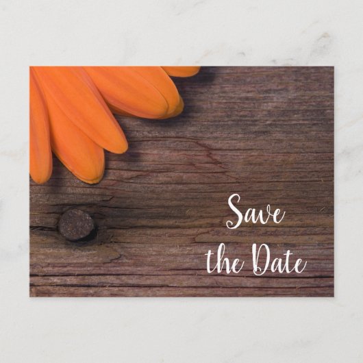 Oranje Daisy en Barn Wood Wedding Save the Date Aankondigingskaart (Voorkant)