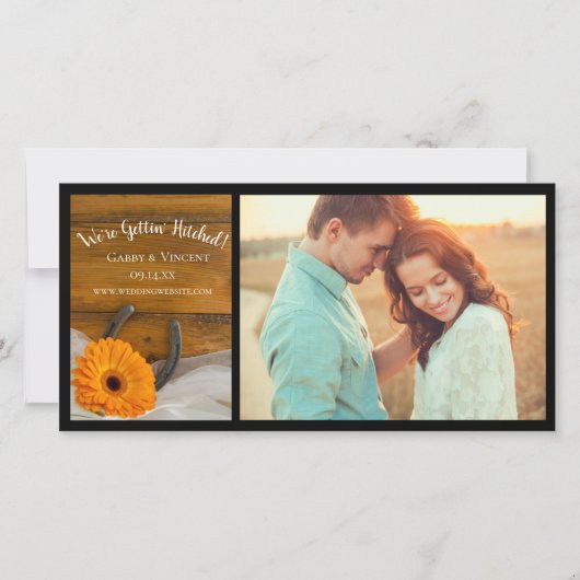 Oranje Daisy en Hoefijzer country Barn Wedding Save The Date (Voorkant)