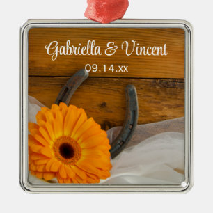 Oranje Daisy en Hoefijzer Land Western Weddenschap Metalen Ornament
