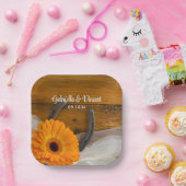 Oranje Daisy en Hoefijzer Land Western Weddenschap Papieren Bordje (Feest)