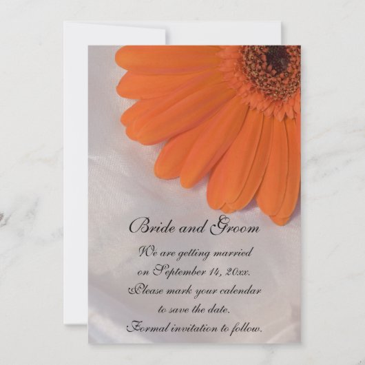 Oranje Daisy en White Satin Wedding Save the Date (Voorkant)