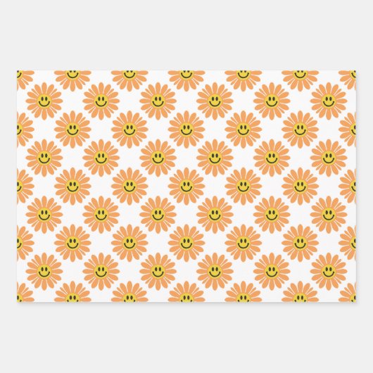 Oranje Daisy Floral Stripes Polka Dot Inpakpapier Vel (Voorkant)
