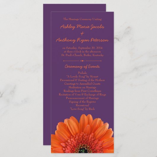 Oranje Daisy Flower Paarse bruiloft programma Programmakaart