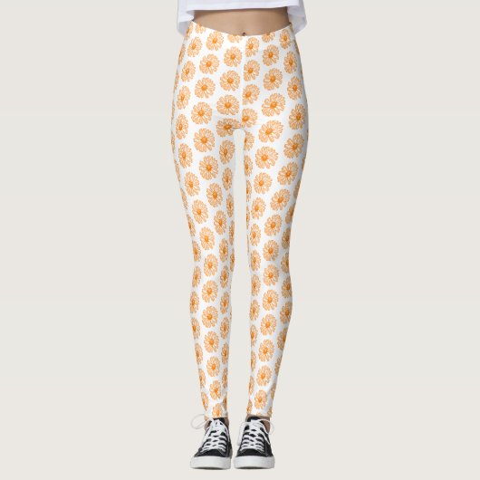 Oranje Daisy Flower Print,  Floral Pattern Leggings (Voorkant)