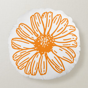 Oranje Daisy Flower Print, Floral Pattern Rond Kussen