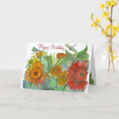 Oranje Daisy Flowers Dragonfly Happy Birthday Kaart (Gele Bloem)