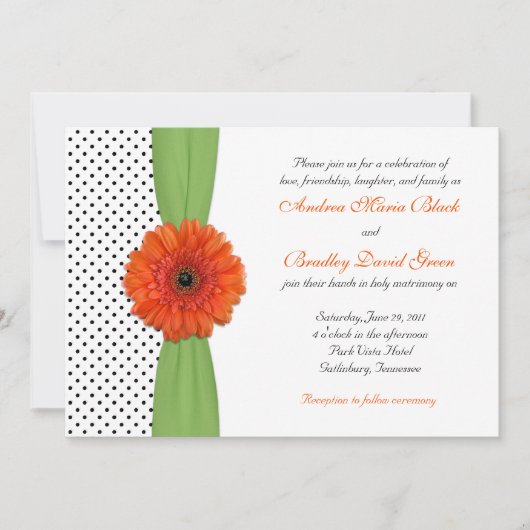 Oranje Daisy Green Polka Dot Wedding Uitnodiging (Voorkant)