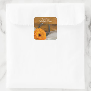 Oranje Daisy Hoefijzer Westerne bruiloft Dank je Vierkante Sticker