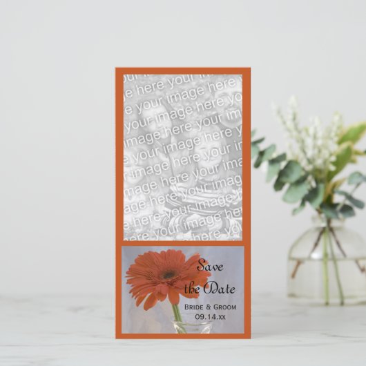 Oranje Daisy in Vase Wedding Save the Date (Staand voorkant)