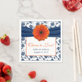 Oranje Daisy Navy Blue Damask Gepersonaliseerde br Servetten (Insitu)