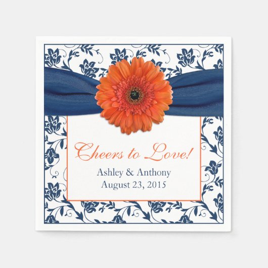 Oranje Daisy Navy Blue Damask Gepersonaliseerde br Servetten (Voorkant)