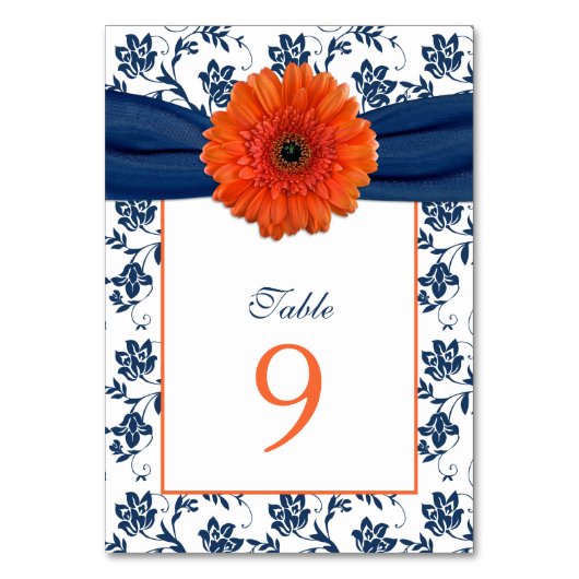 Oranje Daisy Navy Blue Damask Ribbon Wedding Kaart (Voorkant)