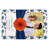 Oranje Daisy Navy Blue Floral Wedding Photo Magnet Magneet (Horizontaal)