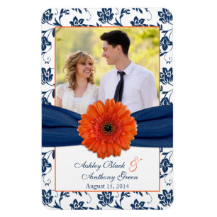 Oranje Daisy Navy Blue Floral Wedding Photo Magnet Magneet