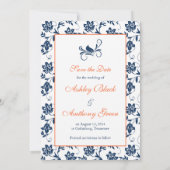 Oranje Daisy Navy Damask Foto slaat de datum op Save The Date (Achterkant)