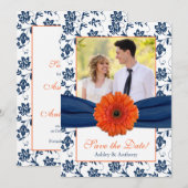 Oranje Daisy Navy Damask Foto slaat de datum op Save The Date (Voorkant / Achterkant)