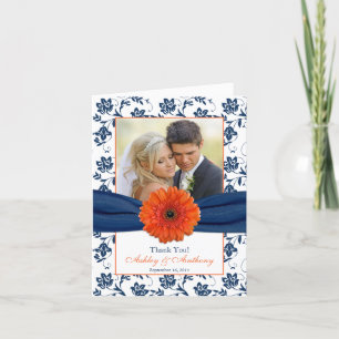 Oranje Daisy Navy Damask Wedding Dank u kaart