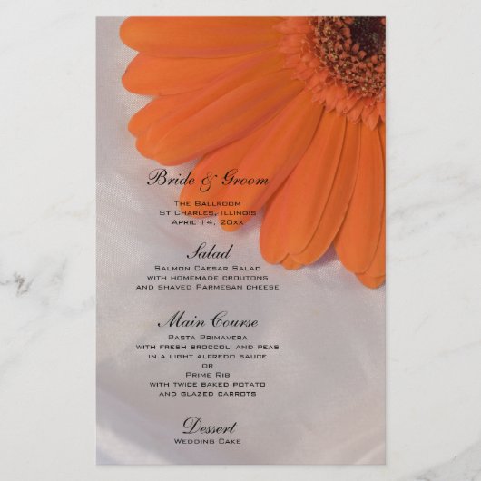 Oranje Daisy over het Wit Satin Weddenschap Menu (Voorkant)