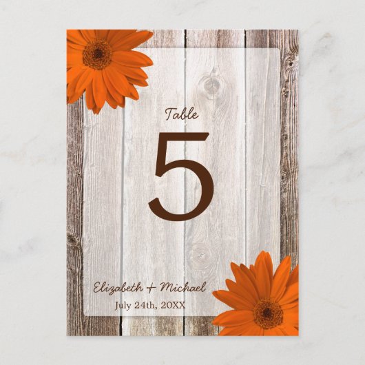 Oranje Daisy Rustic Barn Wood Trouwtafel Nummer Briefkaart (Voorkant)