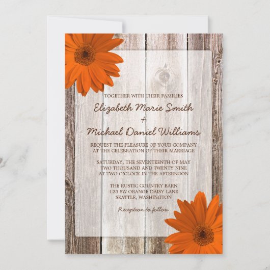 Oranje Daisy Rustic Barn Wood Wedding Kaart (Voorkant)