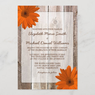 Oranje Daisy Rustic Barn Wood Wedding Kaart
