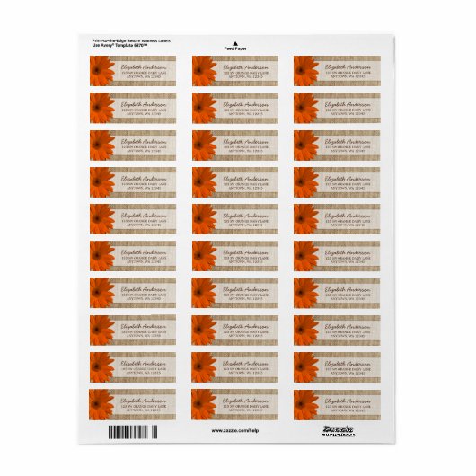 Oranje daisy rustieke burlap adres etiket (Full Sheet)
