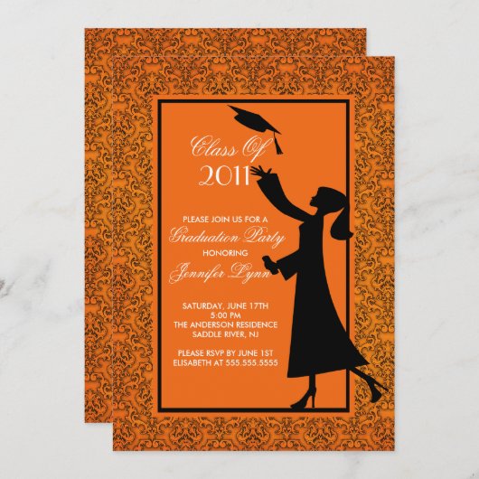 Oranje Damask Afstuderen Uitnodiging Afstuderen (Voorkant / Achterkant)