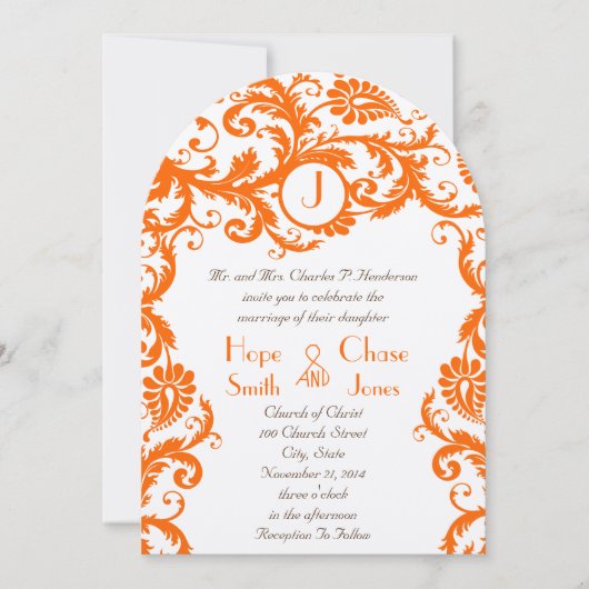 Oranje Damask Coral Monogram Weddenschap Kaart (Voorkant)