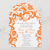 Oranje Damask Coral Monogram Weddenschap Kaart (Voorkant / Achterkant)