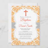 Oranje Damask Cross Baptisme Uitnodiging (Voorkant)