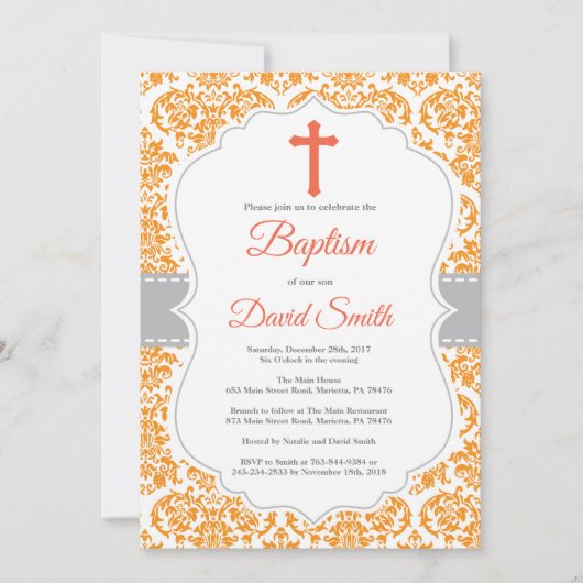 Oranje Damask Cross Baptisme Uitnodiging (Voorkant)