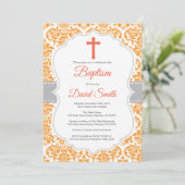 Oranje Damask Cross Baptisme Uitnodiging (Staand voorkant)