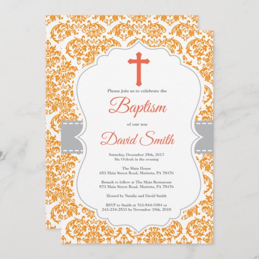 Oranje Damask Cross Baptisme Uitnodiging (Voorkant / Achterkant)